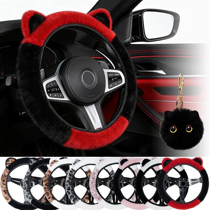 Fluffy Car Steering Wheel Cover with Keychain Fit 14-15 inch Black and Red | Cute Ears Steering Wheel Covers for Women Girls Universal Elastic Stretch Steering Wheel Protector Accessories