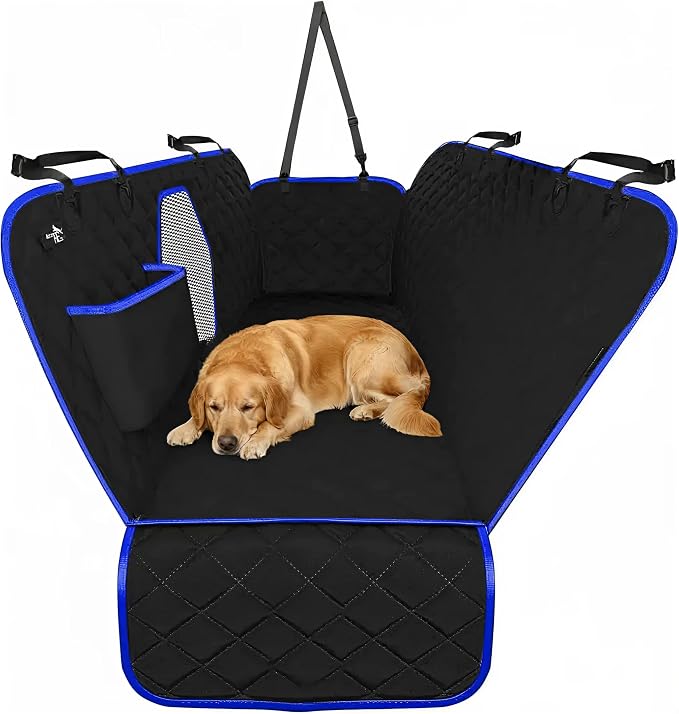 Dog Car Seat Cover Car Seat Protector- Dog Seat Cover for Back Seat of SUVs, Trucks, Cars - Waterproof & Convertible Vehicle Hammock for Car Backseat - Mesh Window- Blue, XL