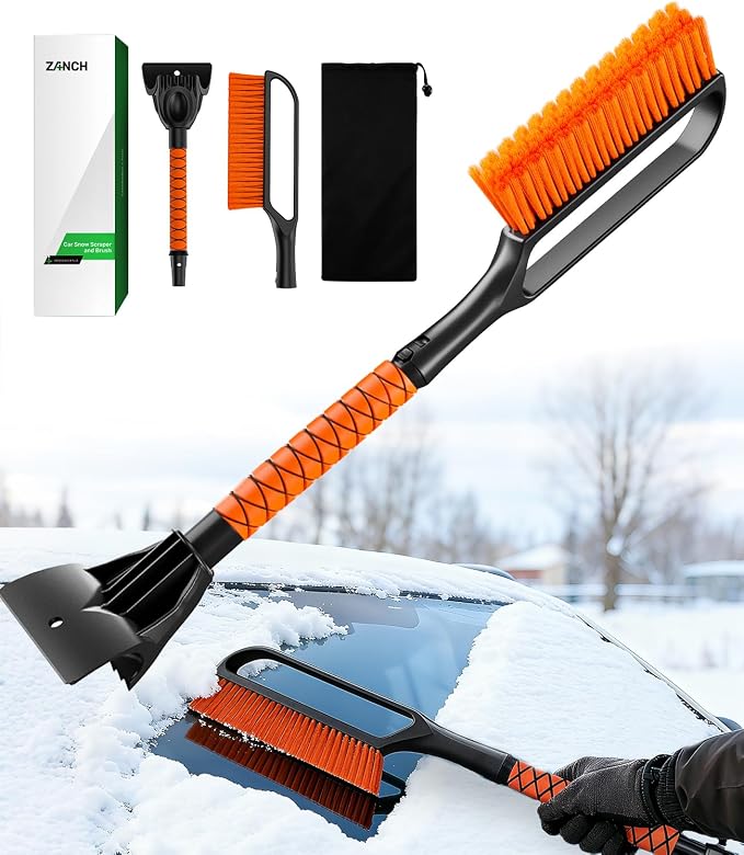 3-in-1 27" Snow Brush and Ice Scraper for Car Windshield [Wider Snow Brush, One-Wipe Clean] Snow Brush for Car with Ergonomic Foam Grip for All Cars,Truck,SUV, Winter Accessories