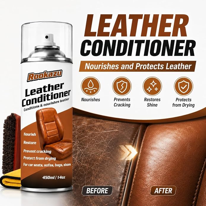 Leather Cleaner and Conditioner Kit, Car Leather Care Set with Horsehair Cleaning Brush, Deep Cleans, Conditions and Restores Car Interiors, Furniture, Shoes, Boots, Bags & Apparel