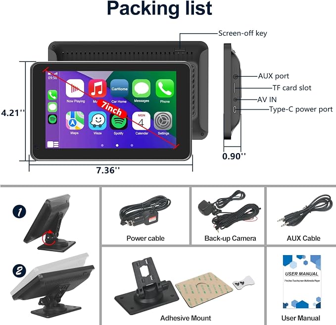 Wireless Apple CarPlay Screen with Fast Auto Connect, 7" Portable Android Auto Display for Car, Backup Camera, Bluetooth Audio, Voice Assistant & GPS Navigation