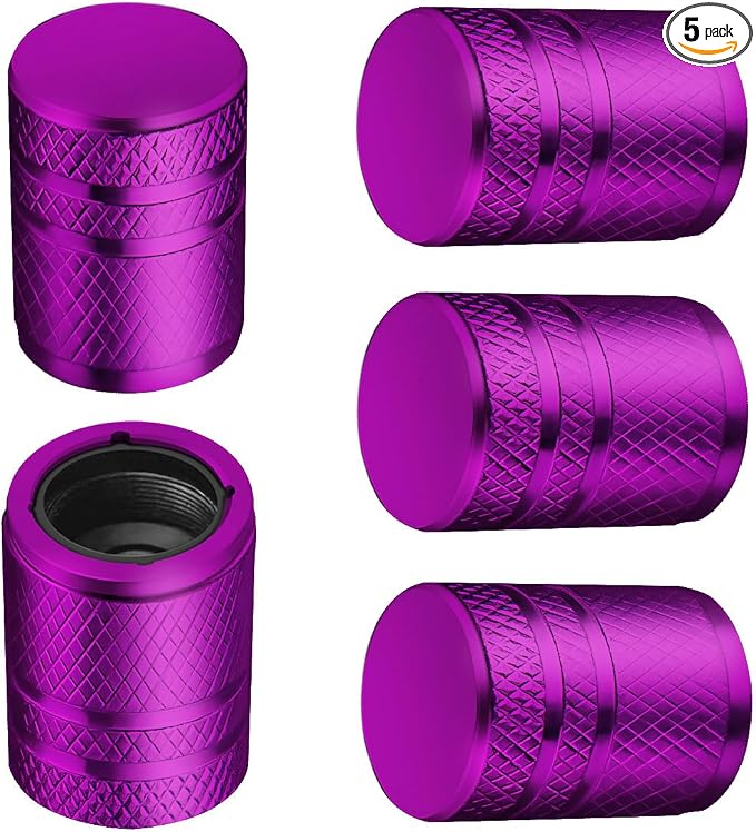 Tire Valve Stem Caps - (5 Pack) Metal Air Caps with Plastic Liner, Corrosion Resistant, Leak-Proof, Universal Stem Covers for Cars Trucks Motorcycles and Bikes - Purple
