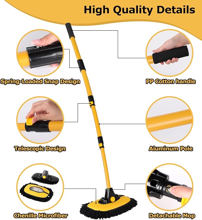 56.7" Car Wash Brush Mop Kit Mitt Sponge with Long Handle Car Cleaning Supplies Kit Tools Car Washing Duster Exterior Scratch Free, Chenille Replacement Head Extension Pole