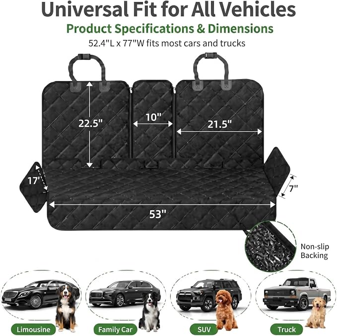 Dog Car Seat Cover for Back Seat, Waterproof 600D Oxford Pet Seat Protector for Cars SUVs Trucks, Heavy Duty Non-Slip Rear Bench Cover, Machine Washable Scratchproof - Black