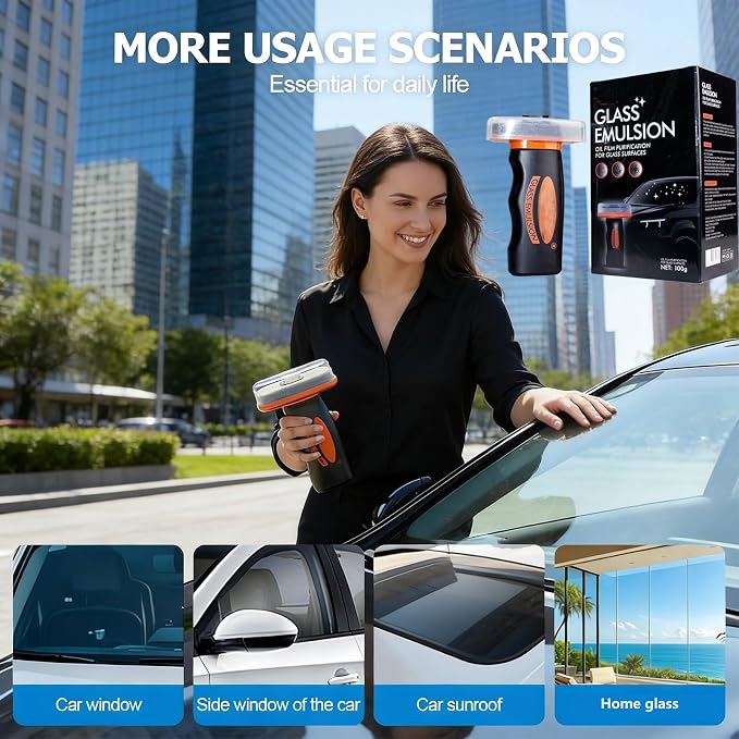 Glass Emulsion Cleaner, Windshield Cleaner, Car Windshield Cleaner Tool Roll-On Glass Compound with Cleaning Board, Removes Oil Film & Smudges, Improve Windshield Clarity for Safe Driving(100ml+Brush)