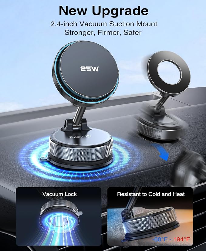 25W Qi2.2 MagSafe Car Mount Charger Built-in Cooling Fan, Upgraded Vacuum Suction Cup 360° Rotation, Magnetic Wireless Car Charger with 63W Adapter for iPhone 17 16 Pro Max Samsung S26 Ultra