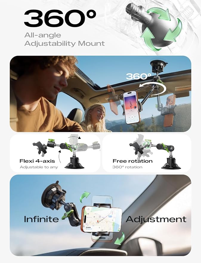 Car Phone Holder, Ultra-Durable Mteal Phone Holders for Your Car, 360° Rotation Cell Phone Car Mount for Windshield, Suction Cup Car Phone Mount for iPhone Samsung All Smartphone