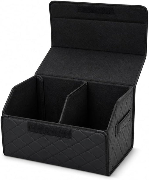 1Pack Leather Trunk Organizer for SUV & Sedans - Extra Large Foldable Car Storage Box with Lid, Adjustable Removable Dividers and Carry Handle, Collapsible Auto Cargo Organizer Black (1)