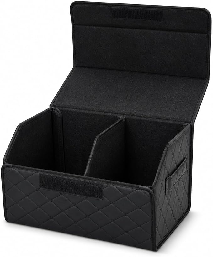 2Pack Leather Trunk Organizer for SUV & Sedans - Extra Large Foldable Car Storage Box with Lid, Adjustable Removable Dividers and Carry Handle, Collapsible Auto Cargo Organizer Black