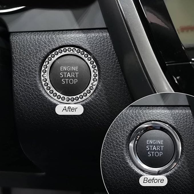 Bling Car Engine Start Ring Decals, 2PCS Crystal Rhinestone Vehicle Push Start Button Cover Sticker, Key Ignition Knob Ring, Sparkling Automotive Interior Accessories (Black)