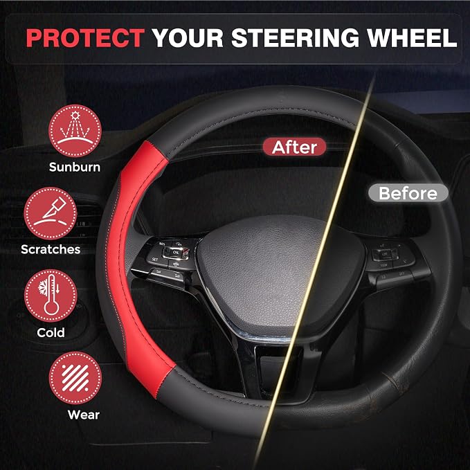 Car Steering Wheel Cover, Microfiber Leather Steering Wheel Covers with Anti-Slip Lining, Breathable Elastic Car Steering Wheel Protector, Universal Standard Size 14-15 inch