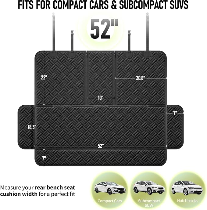 Dog Car Seat Cover for Back Seat, Waterproof 600D Oxford Protector for Travel and Daily Use, Non Slip Scratch Resistant Bench Cover, Easy to Clean, Fits Compact Cars/SUVs, 52 Inch