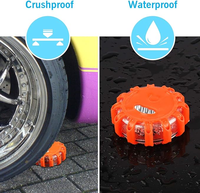 AK [4 Pack LED Road Flares Safety Flashing Warning Light Roadside Emergency Disc Beacon Kit for Vehicles Boats with Magnetic Base & Hook, Premium Storage Bag (Batteries Not Included) (4)
