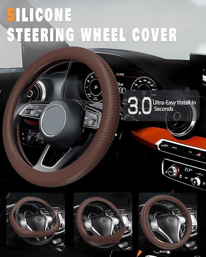 Car Steering Wheel Cover, Thin Anti-Skid Silicone Steering Wheel Cover for Men & Women, Universal Automotive Interior Accessories for Most Cars (Brown)