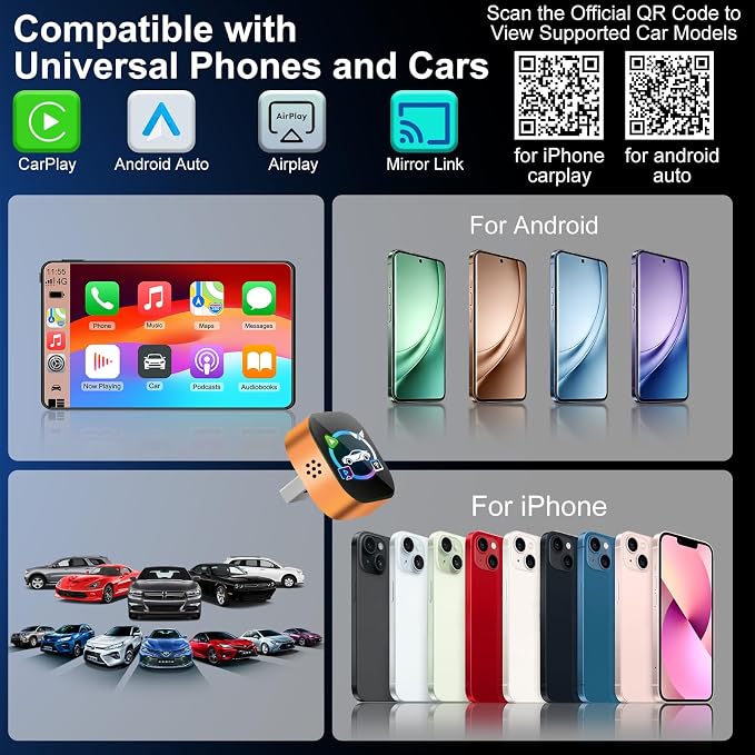 Wireless CarPlay Adapter for iPhone & Android Phone,4 in 1 Cars Screen Mirroring Support Airplay&Mirror Link,CarPlay &Android Auto,Wired to Wireless,Plug and Play (orange I 4 in 1 Wireless Mirroring)
