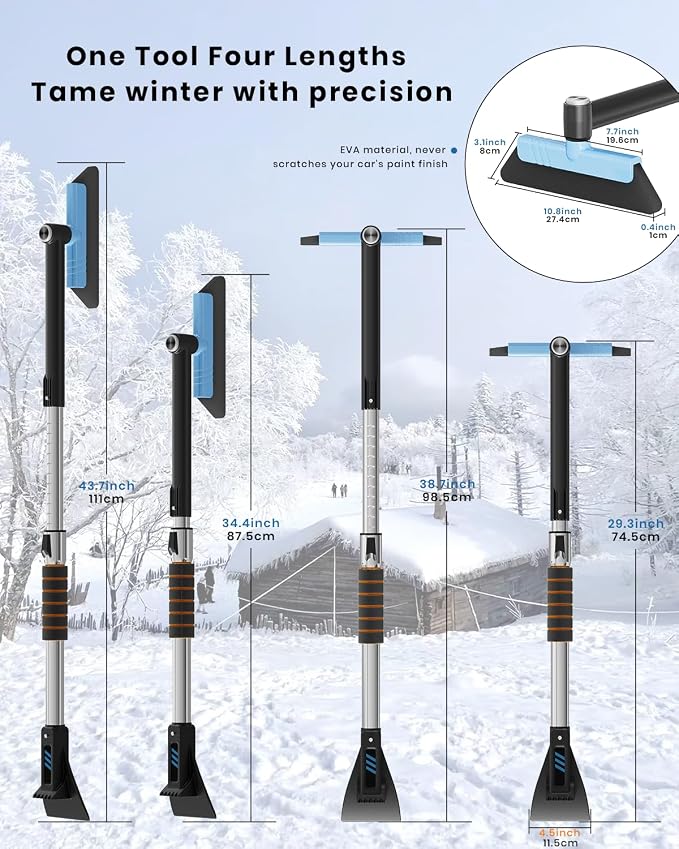 43.7" Extendable Ice Scrapers for Car Windshield for 12 Adjustable Length Settings with Foam Grip and 360° Pivoting Brush Head Detachable Snow Brush for Truck SUV(Blue)