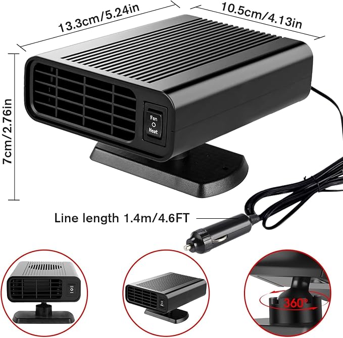 Portable Car Heater That Plugs into Cigarette Lighter, 12V Rapid 2-in-1 Heating & Cooling Windshield Defroster and Demister, Universal Vehicle Heater Fan Suitable for All Cars