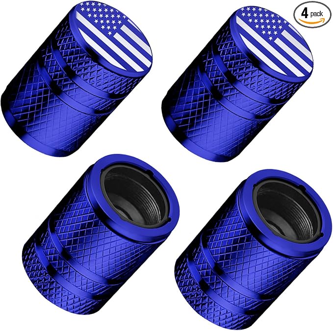 Tire Valve Stem Caps - (4 Pack) American Flag Metal Air Caps with Plastic Liner, Durable, Corrosion Resistant and Leak-Proof, Universal Fit for Cars, Trucks, Motorcycles, and Bikes - Blue