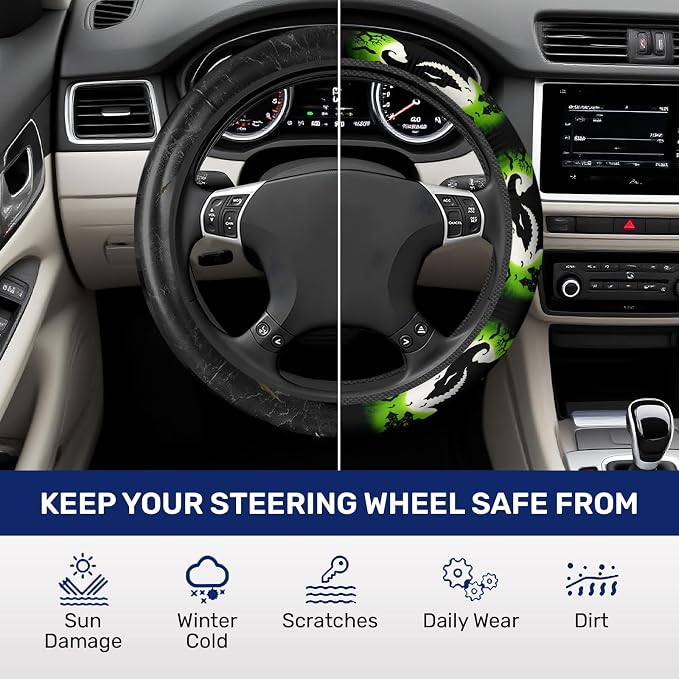 Green Horror Sack Steering Wheel Cover, Non Slip Polyester Car Wheel Protector for Car SUV Truck, Universal 15 Inch