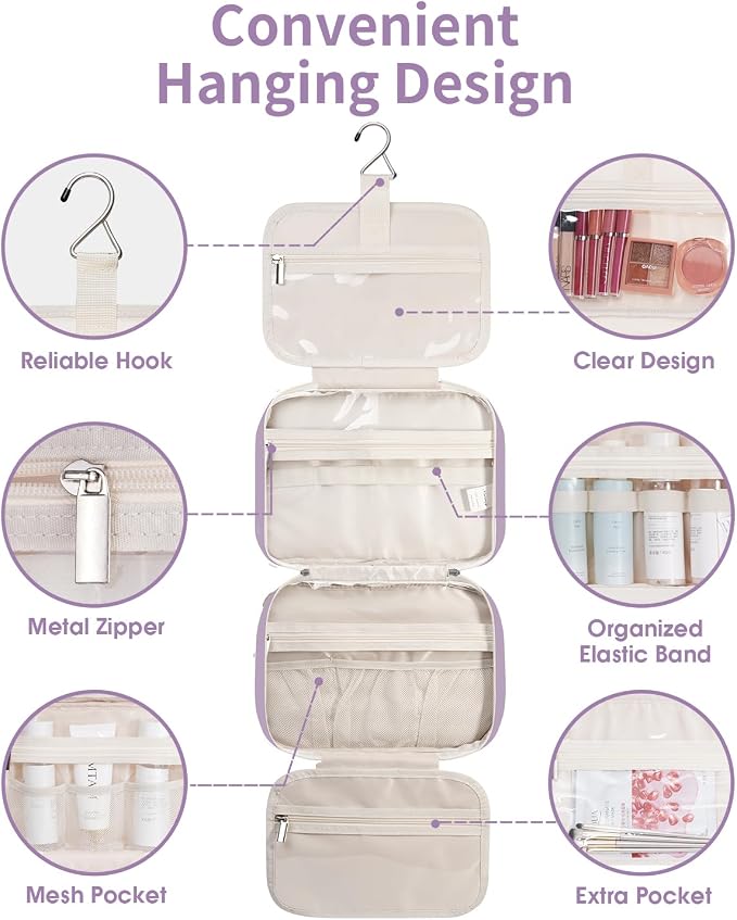 Hanging Toiletry Bag for Women Travel Makeup Bag Organizer Toiletries Bag for Travel Size Essentials Accessories Cosmetics (Purple (Medium))