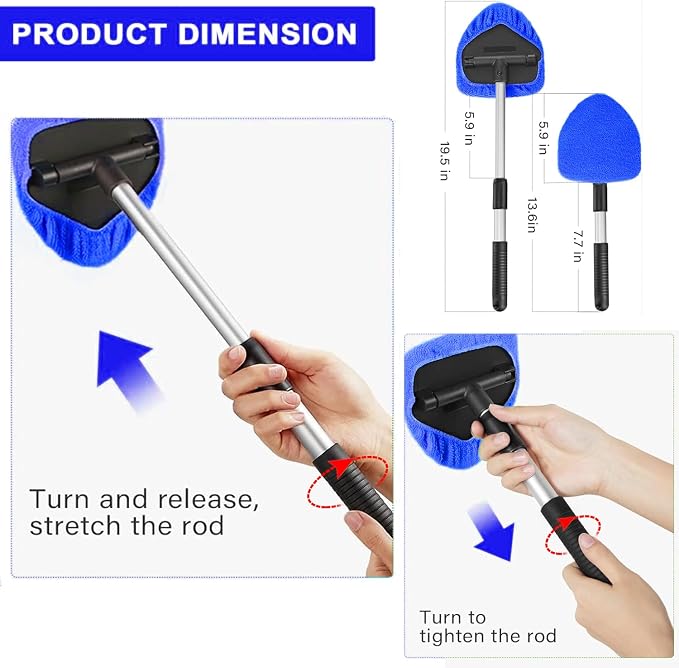 Windshield Cleaner Car Windshield Cleaning Tool with 3 Reusable, Washable Microfiber Pads and Extendable Handle Microfiber Car Window Cleaner