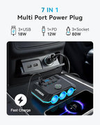 7-in-1 Cigarette Lighter Splitter, 120W Car Charger Adapter with 3 Sockets & Independent Switches, 4 USB Ports (USB-A/USB-C), LED Voltage Display, UL Certified, Built-in Fuse + Spare Fuse