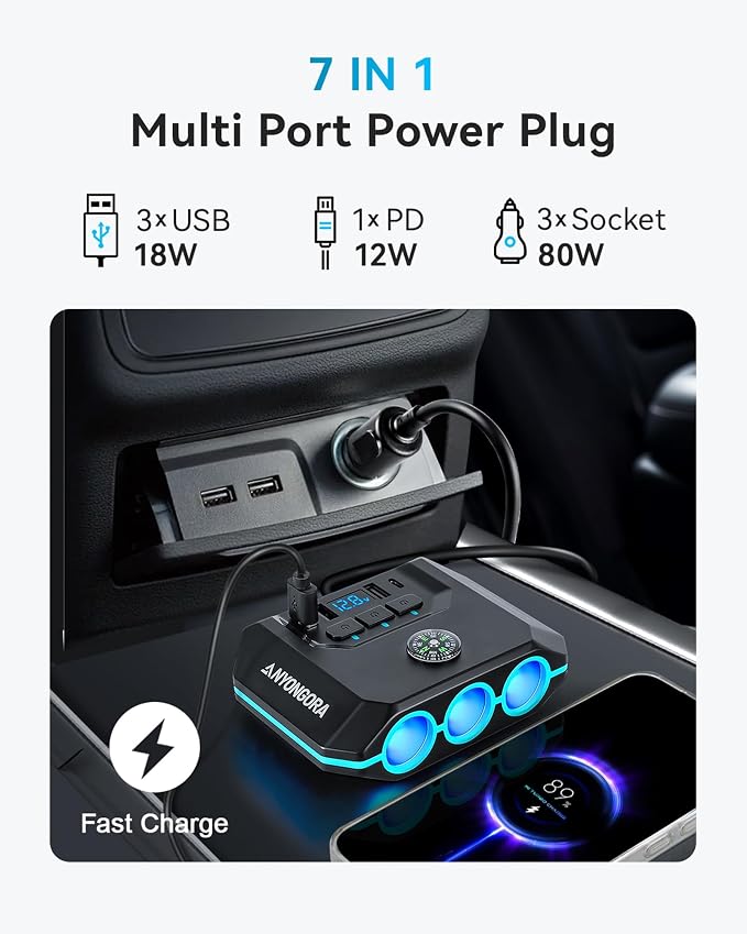 7-in-1 Cigarette Lighter Splitter, 120W Car Charger Adapter with 3 Sockets & Independent Switches, 4 USB Ports (USB-A/USB-C), LED Voltage Display, UL Certified, Built-in Fuse + Spare Fuse