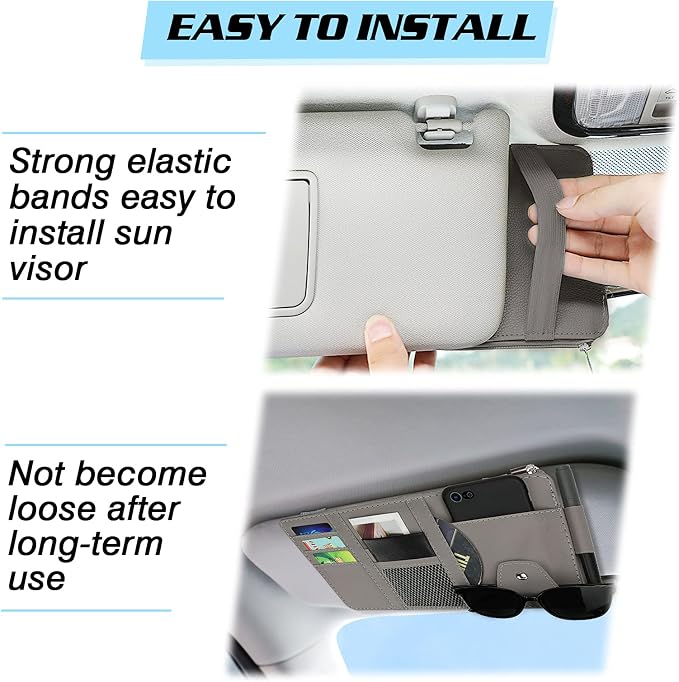 Car Sun Visor Organizer, Leather Pocket Organizer Sunglass Holder for Car Interior Accessories with Multi-Pocket Net Zipper (Gray)