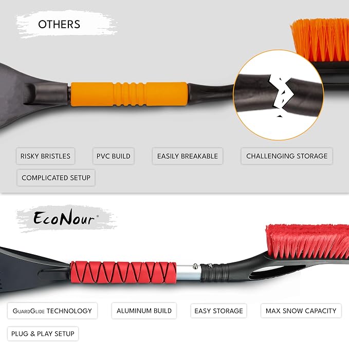 27" Aluminum Car Snow Scraper and Brush (Red) | Scratch-Free Weaved Bristle Head with Metal Body Ice Scraper for Car Windshield | Tough Ice Scraper with Ergonomic Foam Grip for Cars | 1 Pack
