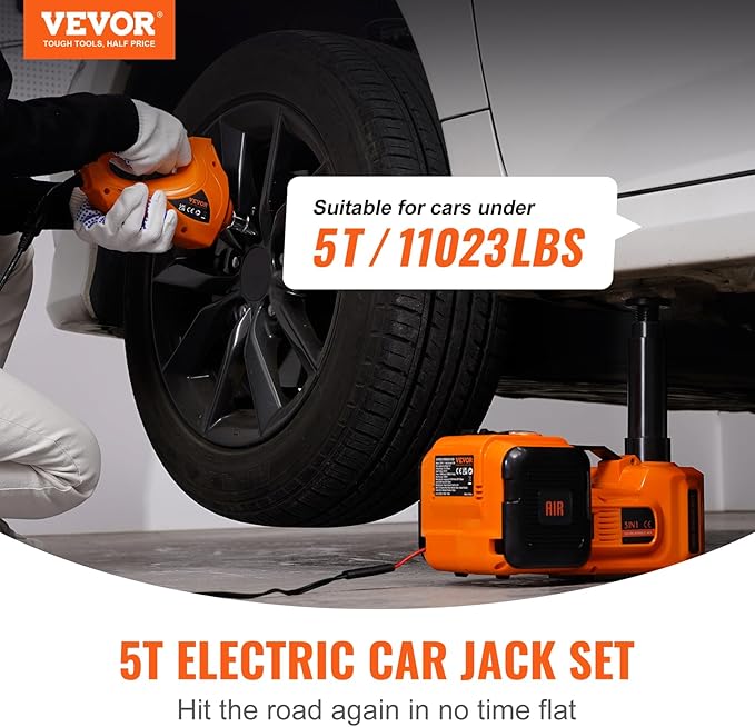 Electric Car Jack 5 Ton with Electric Impact Wrench & Inflator Pump | 12V 11023 lbs Hydraulic Floor Jack, Portable Tire Changing Kit, with LED Light, for SUV Sedan Truck, Garage Repair Tool