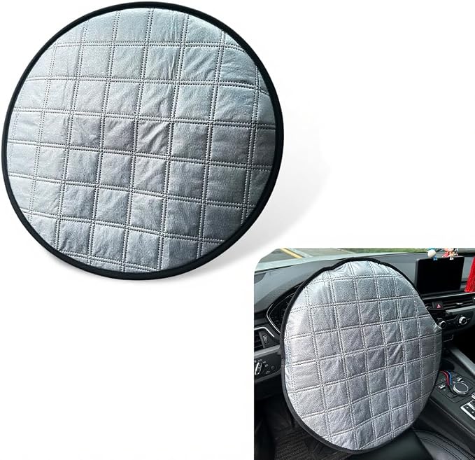 Shakas Car Steering Wheel Cover Sun Shade, Aluminum Film Car Wheel Cover Heat Insulation Cooling, Thickened Anti-aging Foldable Reflective Protector, for Most Cars SUV Truck Van (Silver)