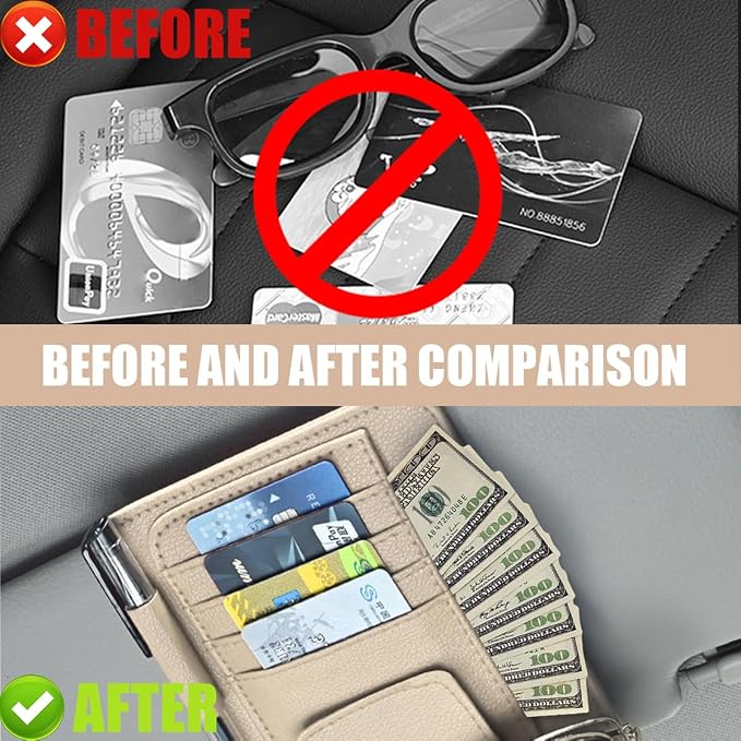 2 PCS Car Sun Visor Organizer, Small Auto Visor Organizer and Storage, Registration and Document Holder for Sunglasses, Card, Pen, Driver License, Car Accessories (Beige)