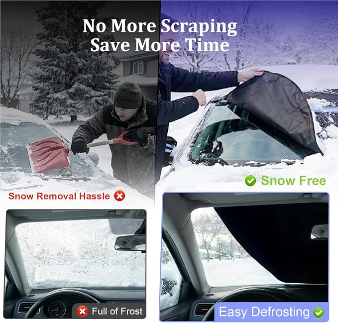 Windshield Cover for Ice and Snow, 600D Windshield Snow Cover with Elastic Strap Buckles, Mirror Covers, Anti-Theft, Frostproof & Windproof, Fits Large SUVs Pickups Trucks Vans (72"x 50")
