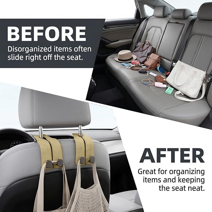 Car Seat Headrest Storage Hooks - 2 Pack Dual Hangers Design Organization Accessories, Car Interior Gadgets to Add Extra Holder and Hook for Purses,Bags,Coat and Handbag