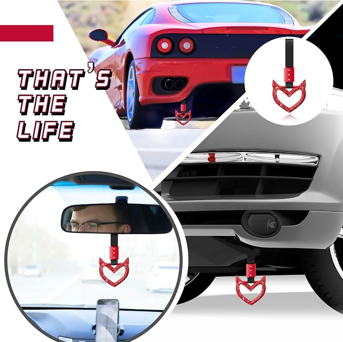 Bling Car Accessories Bling Heart Handle Ring Car Accessory for Women Heart Hand Strap Drift Charm Rear Bumper Warning Ring Decor for Auto Bus Interior Exterior Decoration (Red, Devil Style)