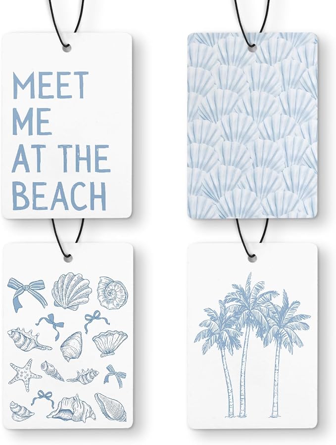 Blue Coastal Beach Car Air Freshener 4 Pcs, Preppy Coastal Seashell Palm Tree Meet Me at the Beach Hanging Air Freshener for Cars Closet Drawer Books, Cute Car Accessories for Women Girls