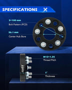 5x100 Wheel Spacers, 1 inch Wheel Adapters with Studs Compatible with Subaru Outback Forester Impreza Crosstrek Scion FR-S More, 25mm Spacer Kit, Set of 4