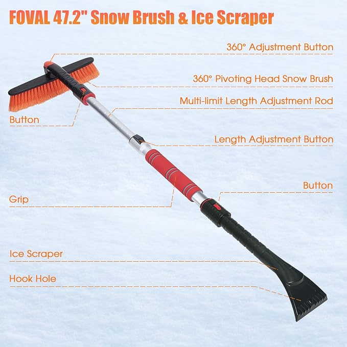 47.2" Extendable Snow Brush and Wider Ice Scraper (4.73" Width) with 360° Pivoting Brush Head, Snow Removal Tool Car Brush with Comfortable Foam Grip for Car Windshield, Trucks, SUVs