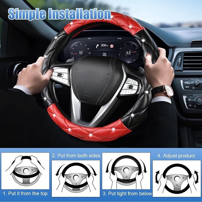Black and Red Steering Wheel Cover, Auto Diamond Style Cute Bling Comfort Car Interior Accessories Protector Sparkly Fit Most O-Shaped Steering Wheels