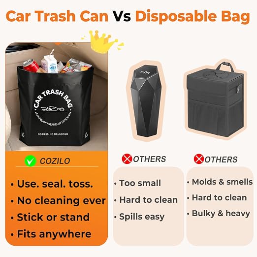 Disposable Car Trash Bags, 60 Count Stand-Up & Stick-On Car Garbage Bags, 2 Gallon Leakproof Odor Seal Heavy Duty Car Trash Can Alternative for Car SUV Truck