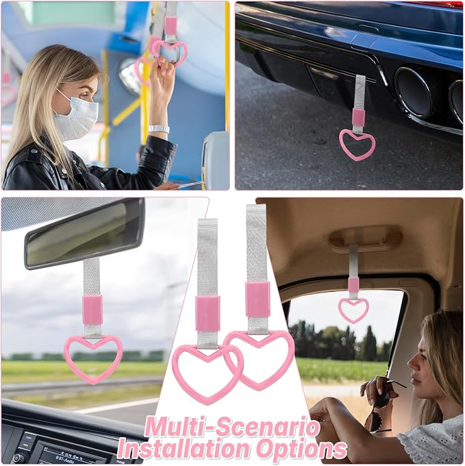 2 Pcs Heart Shaped Car Handle Strap – JD M Drift Charm Rear Bumper Warning Ring Decor for Car Interior Exterior, Subway Bus Handle Accessory, Cute Heart Car Decor Gift for Drivers (Pink-Silver)