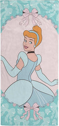 Kids Beach Towel - 100% Cotton Super Soft Absorbent Bath Towel, 28" x 58" Inch Lightweight for Travel, Official Licensed Product, Green - Princess Cinderella