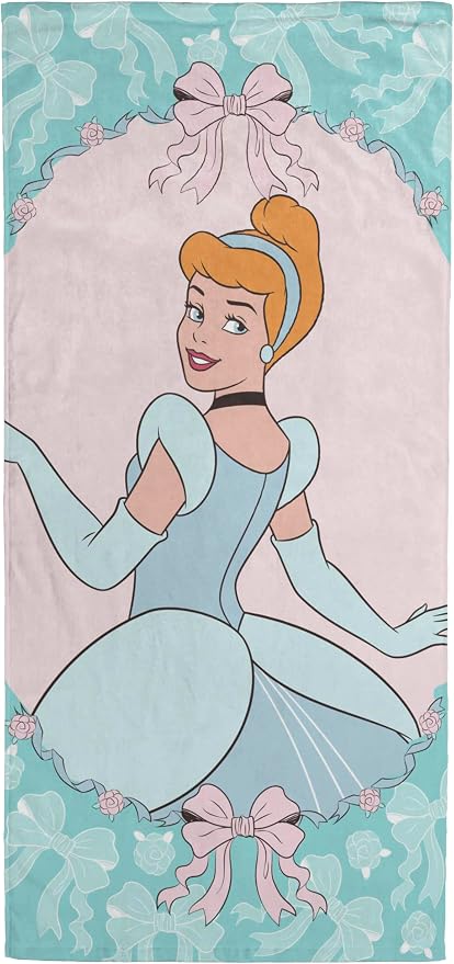 Kids Beach Towel - 100% Cotton Super Soft Absorbent Bath Towel, 28" x 58" Inch Lightweight for Travel, Official Licensed Product, Green - Princess Cinderella