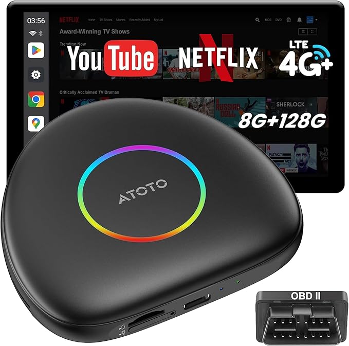 Wireless CarPlay&Android Auto Adapter Magic AI Box with 4G LTE | 8GB+128GB | GPS | Full Android OS | OBD II, Compatible with Wired Factory CarPlay&Android Auto, Support for YouTube/Netflix