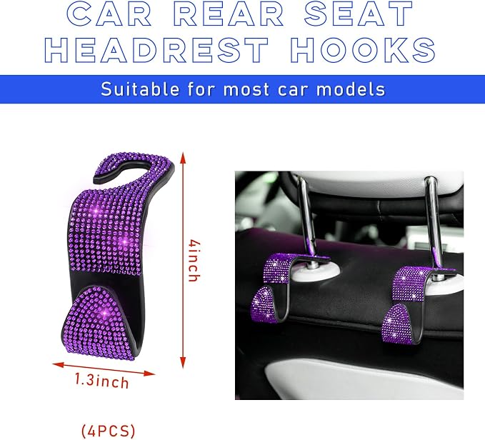 4 PCS Bling Car Seat Headrest Hooks, Crystal Rhinestone Back Seat Hanging Storage Organizer, Vehicle Seat Hanger Holder for Purse Handbag Coat, Interior Car Accessories (Purple)