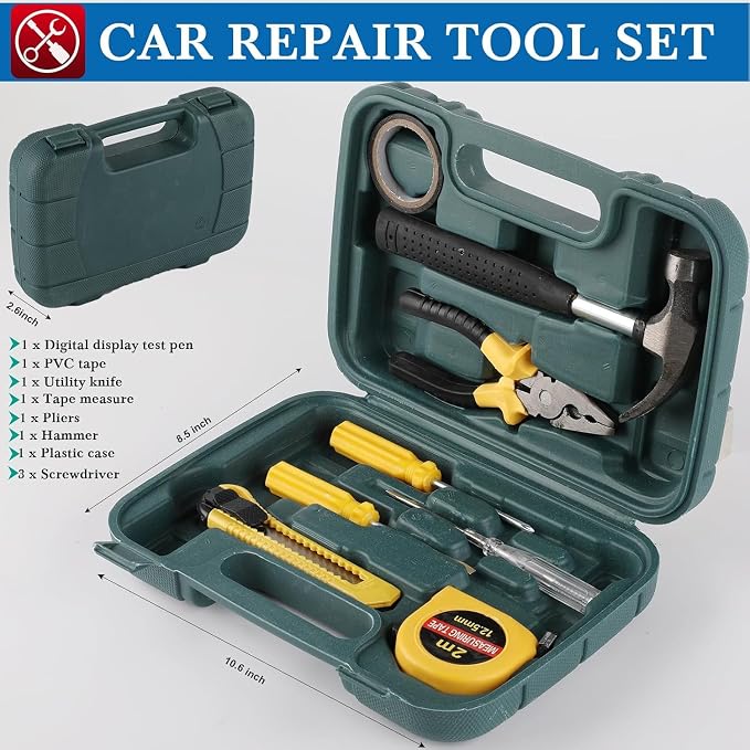 Car Emergency Kit, Roadside Assistance Emergency Car Kit Jumper Cables, Road Trip Essentials, Auto Vehicle Car Safety Kit with Digital Air Compressor Tire Inflator, Reflective Warning Triangle