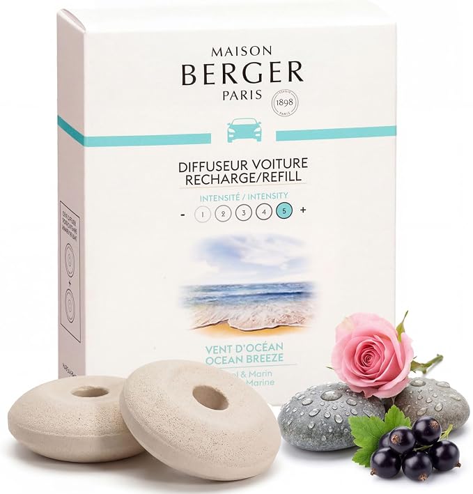 Car Diffuser Refill Set, Ocean Breeze | Marine Rose Musk Notes, 2 Ceramic Inserts, Made in France