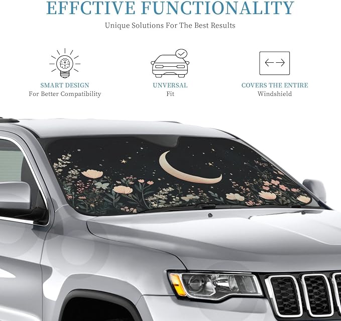Windshield Sun Shade Moon Flower Field Rustic Car Front Window Sunshade Cover for Truck SUV Blocks UV Rays Automotive Visor Interior Protector 55 x 30 inch