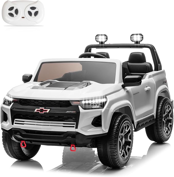 24V Licensed Chevrolet Colorado Electric Car for Kids, Ride on Toys for Toddlers with Remote Control, 2 Seater Electric Car Ride On Vehicle w/Bluetooth, Soft Start, LED Lights - White