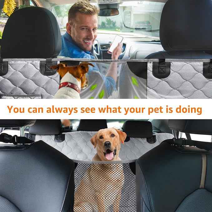Dog Car Seat Cover with Mesh Window, 100% Waterproof Pet Seat Cover for Back Seat, Scratchproof Dog Hammock for Cars, Trucks, SUVs, Jeeps (Gray)